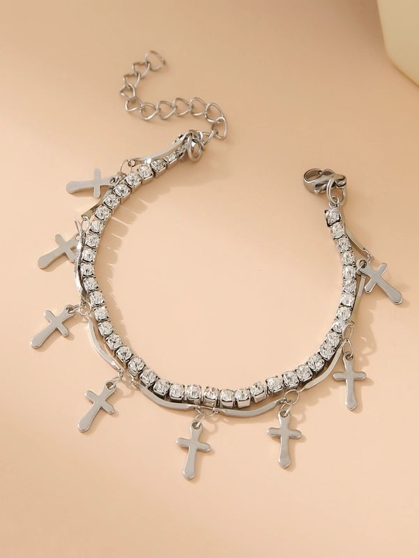 Elegant Glam Cross Star Leaves 304 Stainless Steel 18K Gold Plated Rhinestones Stainless Steel Bracelets In Bulk