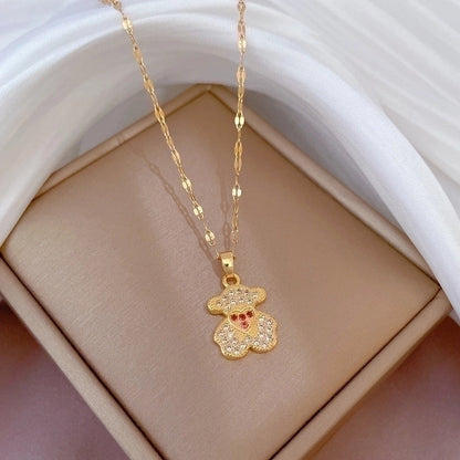 2 Pieces Minimalist Bear Titanium Steel Copper Plating Inlay Zircon Pendant Necklace