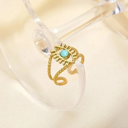304 Stainless Steel 18K Gold Plated Retro Plating Inlay Water Droplets Turquoise Open Rings
