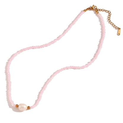 Casual Basic Solid Color 304 Stainless Steel Freshwater Pearl Seed Bead 18K Gold Plated Beaded Plating Necklace