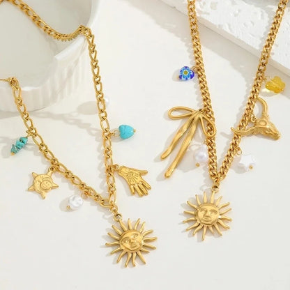 Elegant Vacation Sun 304 Stainless Steel Imitation Pearl 18K Gold Plated Inlay Multi Charms Necklace