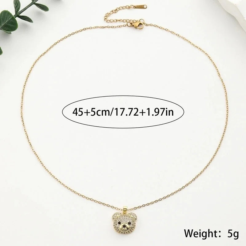 304 Stainless Steel Copper 18K Gold Plated Inlay Bear Zircon Pendant Necklace