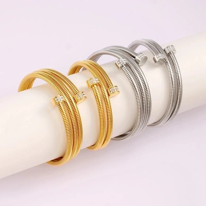 Casual Minimalist Commute Circle Round 304 Stainless Steel 18K Gold Plated Rhinestones Bangle In Bulk