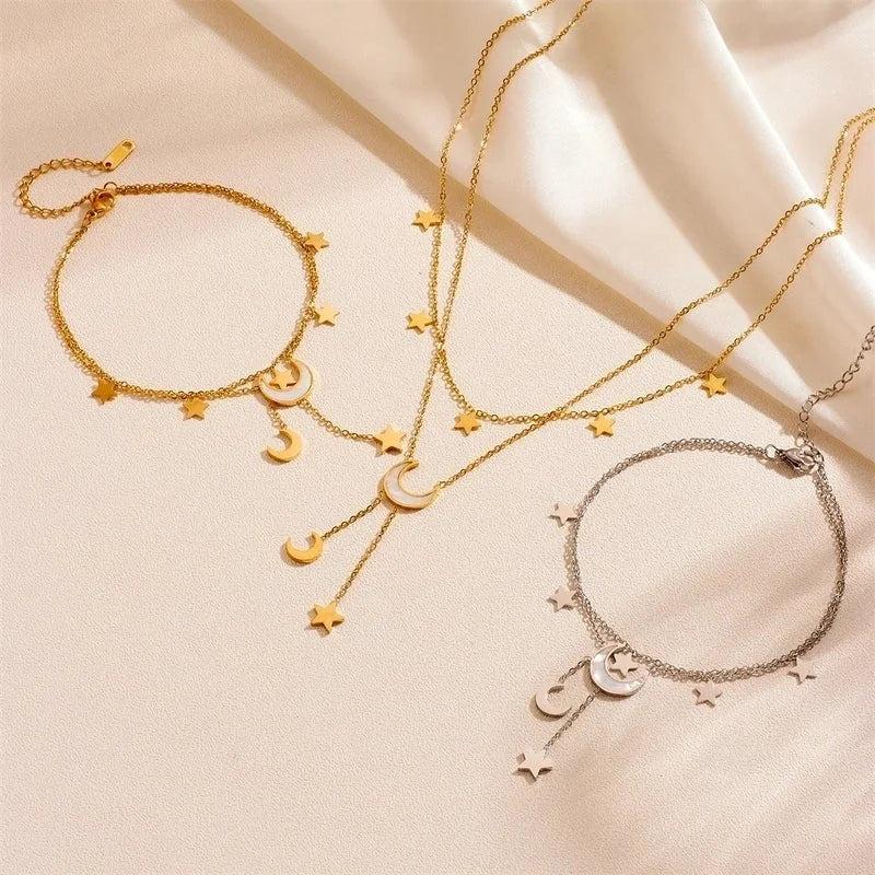 IG Style Elegant Minimalist Star Moon Titanium Steel Acrylic Shell 18K Gold Plated Inlay Anklet Necklace