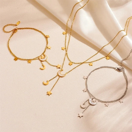IG Style Elegant Minimalist Star Moon Titanium Steel Acrylic Shell 18K Gold Plated Inlay Anklet Necklace