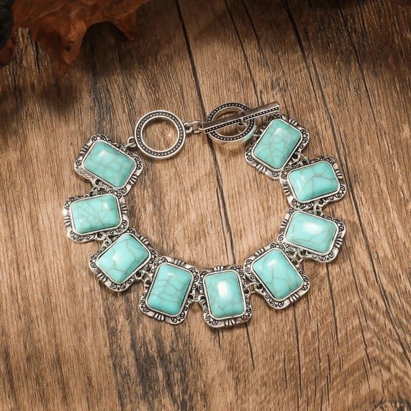 Retro Rectangle Alloy Toggle Plating Inlay Turquoise Bracelets