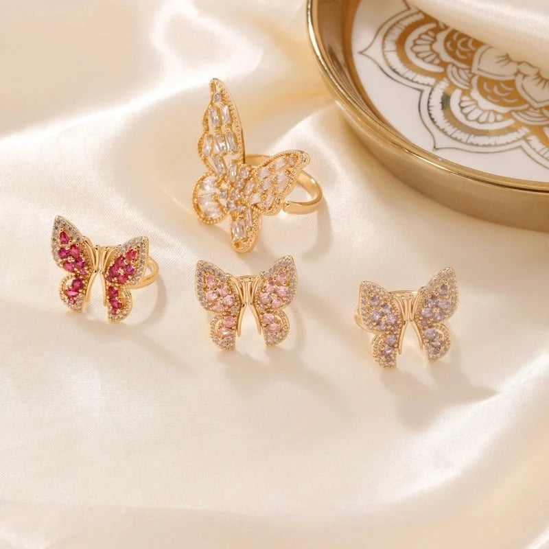 Copper K Gold Plated Rhodium Plated Sweet Minimalist Artistic Inlay Butterfly Zircon Open Rings