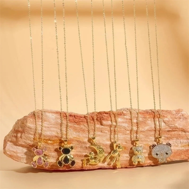 Minimalist Little Bear Copper Plating Inlay Zircon 14k Gold Plated Pendant Necklace