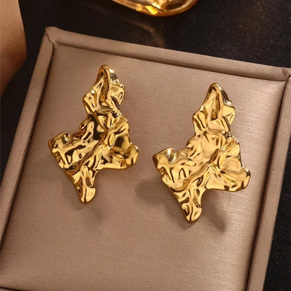 1 Pair IG Style Retro Maple Leaf Shell Lightning Plating Pleated 304 Stainless Steel 18K Gold Plated Ear Studs