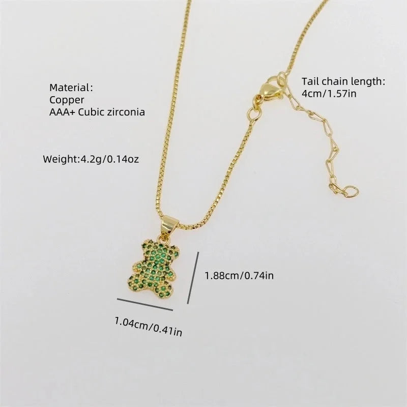 A Copper Plating 18K Gold Full Diamond Zircon Cute Childlike Style Multi Colors Bear Chain Necklace Suitable For Daily Wear Of All Ages Suitable For Gifts Original New Arrivals