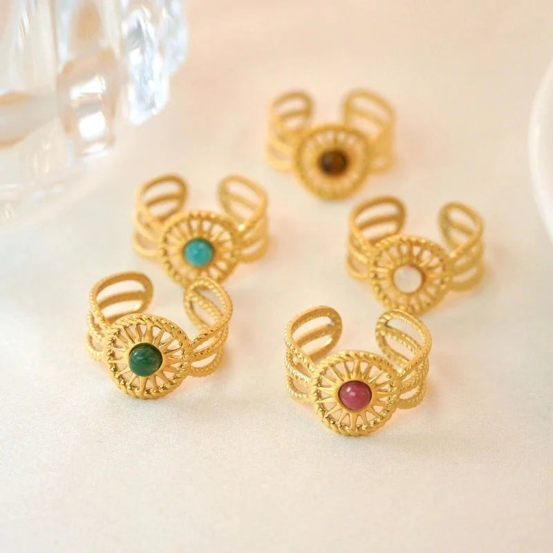 Retro Geometric Titanium Steel Natural Stone Open Rings In Bulk