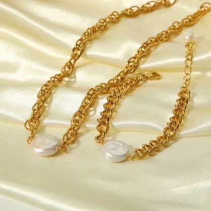 201 Stainless Steel Freshwater Pearl 18K Gold Plated Elegant Lady Plating Round Bracelets Necklace