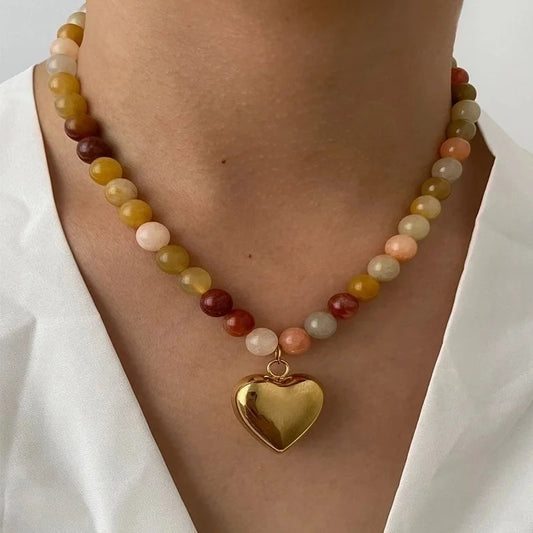 Elegant Beach Heart Shape 316L Stainless Steel Natural Stone 18K Gold Plated Beaded Pendant Necklace
