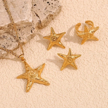Retro Starfish Titanium Steel 18K Gold Plated Plating Rings Earrings Necklace