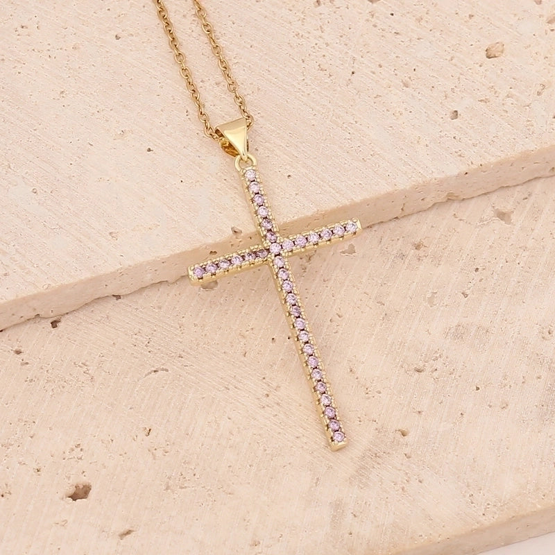 Stainless Steel Copper 18K Gold Plated Fashion Inlay Cross Zircon Pendant Necklace
