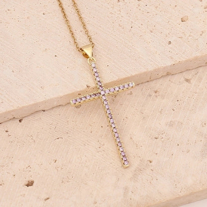 Stainless Steel Copper 18K Gold Plated Fashion Inlay Cross Zircon Pendant Necklace