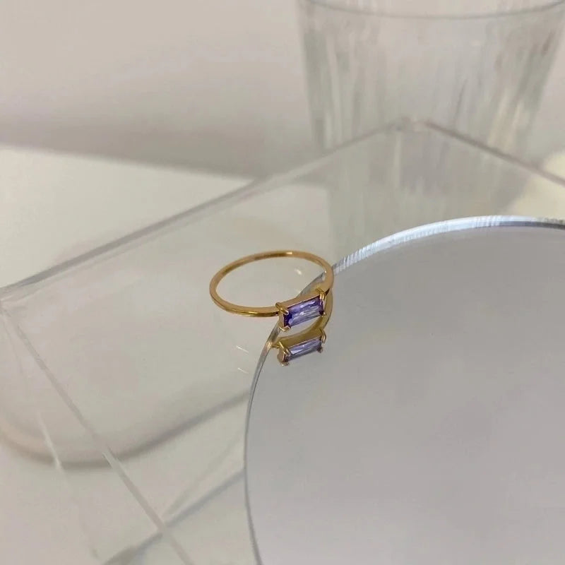 IG Style Minimalist Square Titanium Steel Zircon 18K Gold Plated Plating Inlay Rings