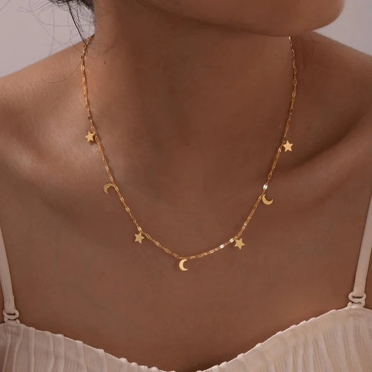 IG Style Star Moon 201 Stainless Steel 18K Gold Plated Necklace