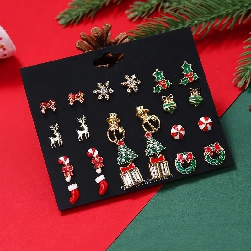 Cute Christmas Tree Christmas Socks Snowflake Alloy Enamel Plating Inlay Rhinestones Ear Studs 1 Set