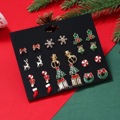 Cute Christmas Tree Christmas Socks Snowflake Alloy Enamel Plating Inlay Rhinestones Ear Studs 1 Set