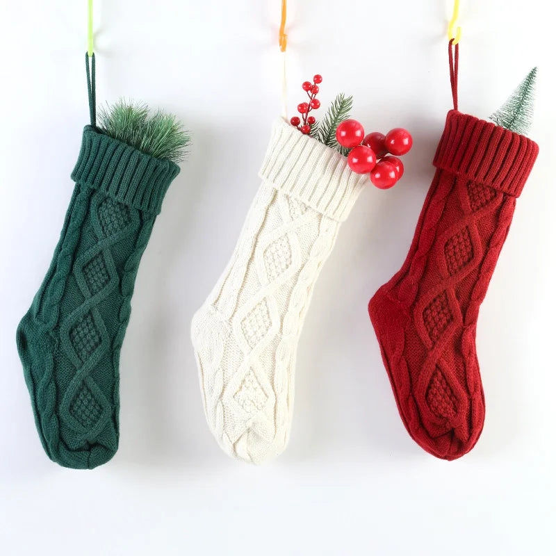 Large Christmas Socks Candy Bag Scene Layout Decoration Ornaments Knitted Gift Bag Rhombus Wool Gift