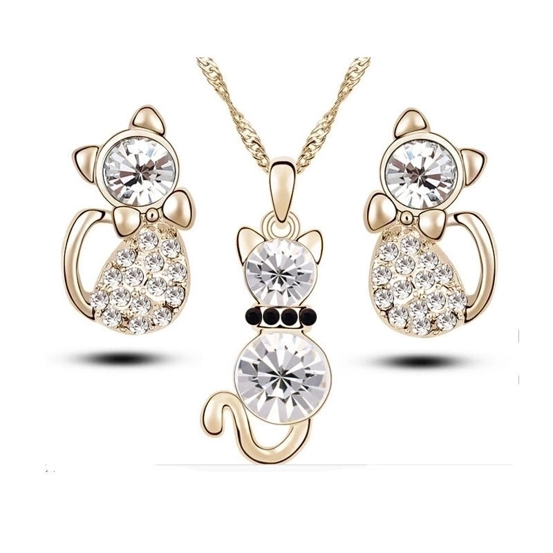 Simple Cat Alloy Crystal Ear Stud Necklace Set
