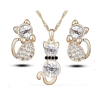 Simple Cat Alloy Crystal Ear Stud Necklace Set