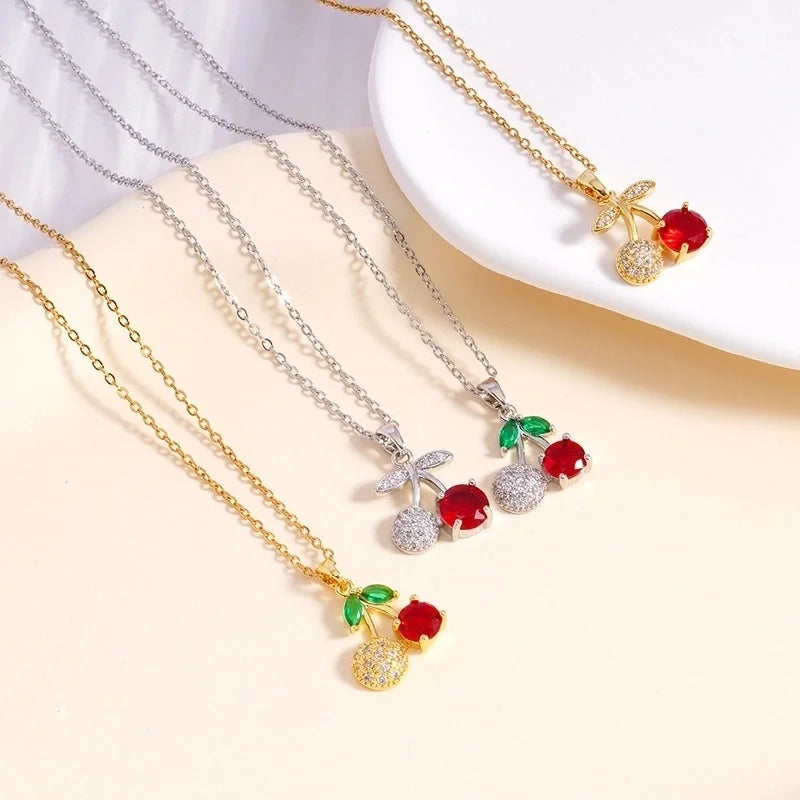 IG Style Glam Cherry 304 Stainless Steel Copper Zircon Inlay Pendant Necklace Cable Chain