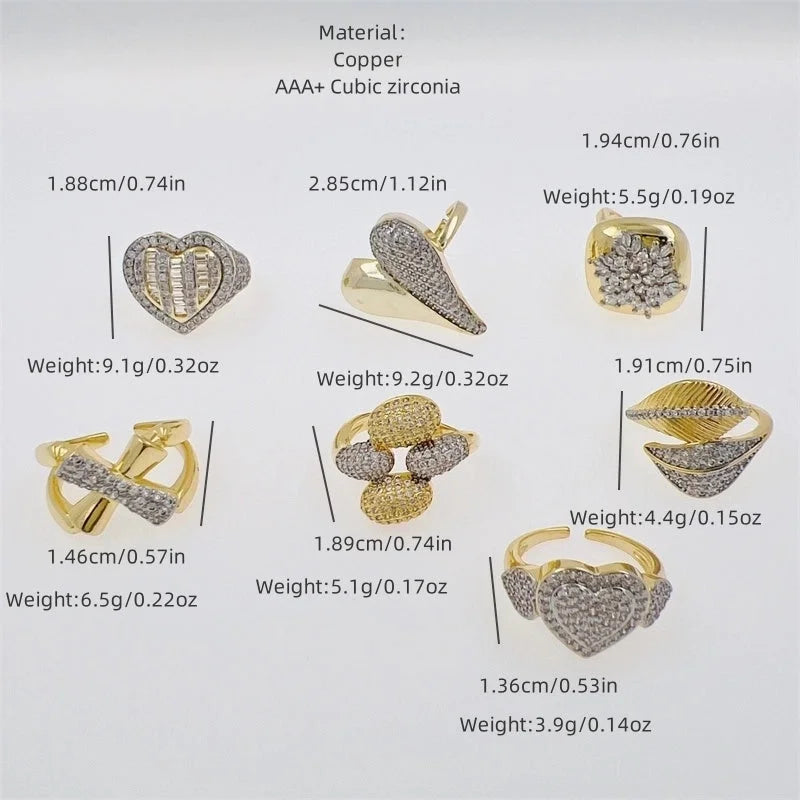 Copper 18K Gold Plated Inlay Heart Shape Zircon Open Rings