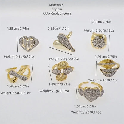Copper 18K Gold Plated Inlay Heart Shape Zircon Open Rings