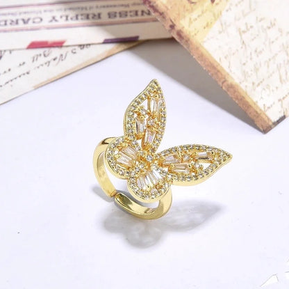 Copper 18K Gold Plated Inlay Butterfly Zircon Open Rings