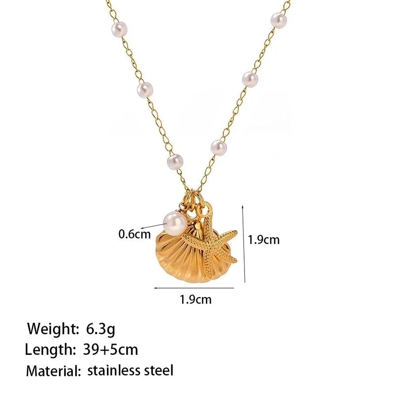 Vacation Marine Style Beach Starfish Shell 304 Stainless Steel Artificial Pearls 18K Gold Plated Polishing Plating Stainless Steel Jewelry Sets