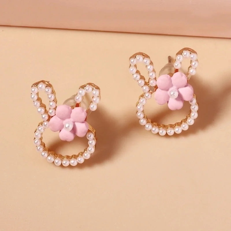 1 Pair Cartoon Style Cute Rabbit Flower Plating Inlay Zinc Alloy Imitation Pearl Ear Studs