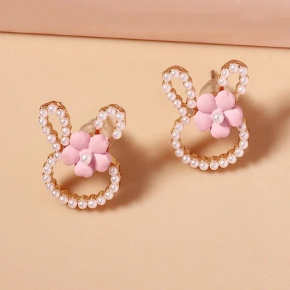 1 Pair Cartoon Style Cute Rabbit Flower Plating Inlay Zinc Alloy Imitation Pearl Ear Studs