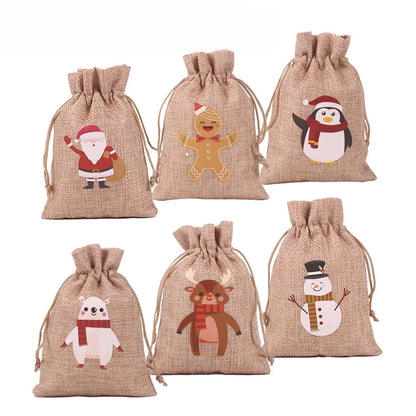 Christmas Bag Linen Drawstring Colorful Cartoon Gift Bag Amazon Christmas Suit 24 Candy Gift Bags