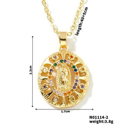 Vintage Style Classic Style Geometric Round Virgin Mary 304 Stainless Steel Copper Zircon K Gold Plated Inlay Pendant Necklace