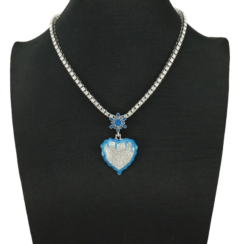 Luminous Oil Dripping Snowflake Love Hip Hop Pendant Peach Heart Personality Single Row Diamond Cuban Link Chain Necklace Men And Women