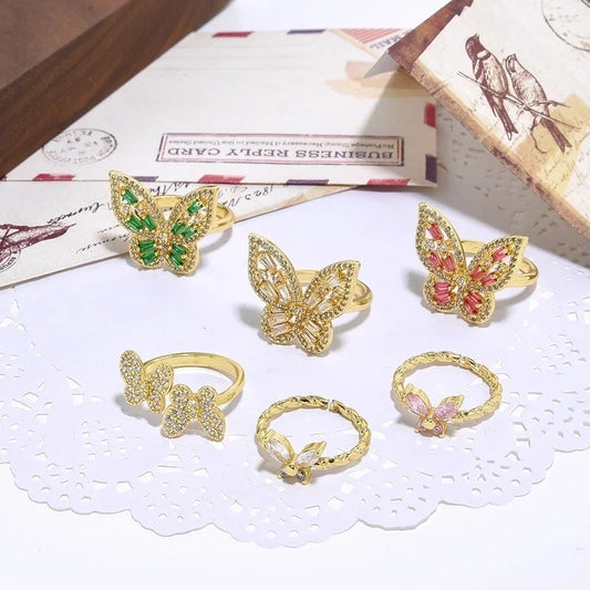 Copper 18K Gold Plated Inlay Butterfly Zircon Open Rings