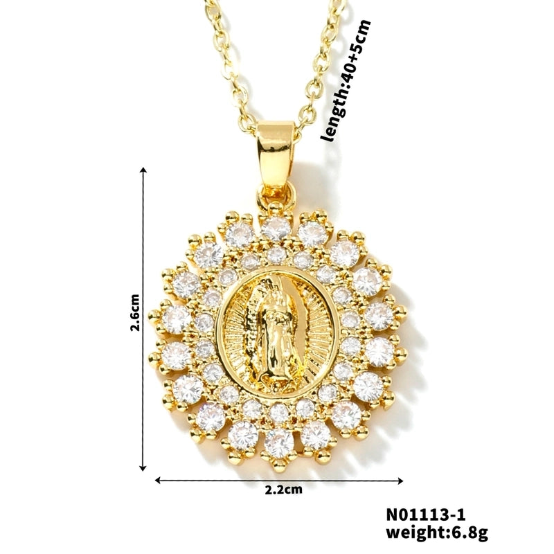 Vintage Style Classic Style Geometric Round Virgin Mary 304 Stainless Steel Copper Zircon K Gold Plated Inlay Pendant Necklace
