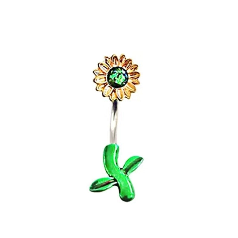 Elegant Sunflower Maple Leaf Stainless Steel Alloy Copper Epoxy Inlay Rhinestones White Gold Plated Gold Plated Belly Ring
