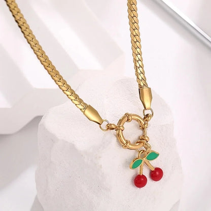Elegant Minimalist Cherry 304 Stainless Steel Zircon 18K Gold Plated Inlay Pendant Necklace