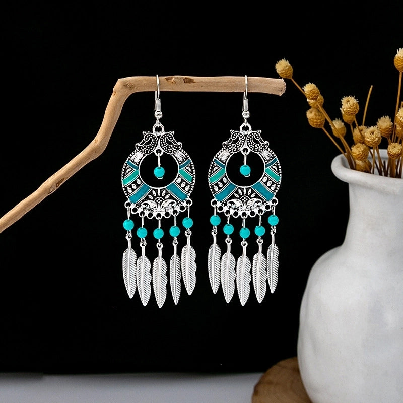 Bohemian Blue Turquoise National Style Earrings Imitation Miao Silver Metal Earrings Vintage Tassel Earrings