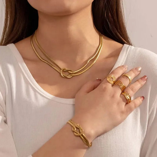 Hip-Hop Solid Color Knot 304 Stainless Steel 18K Gold Plated Plating Bracelets Necklace Jewelry Set