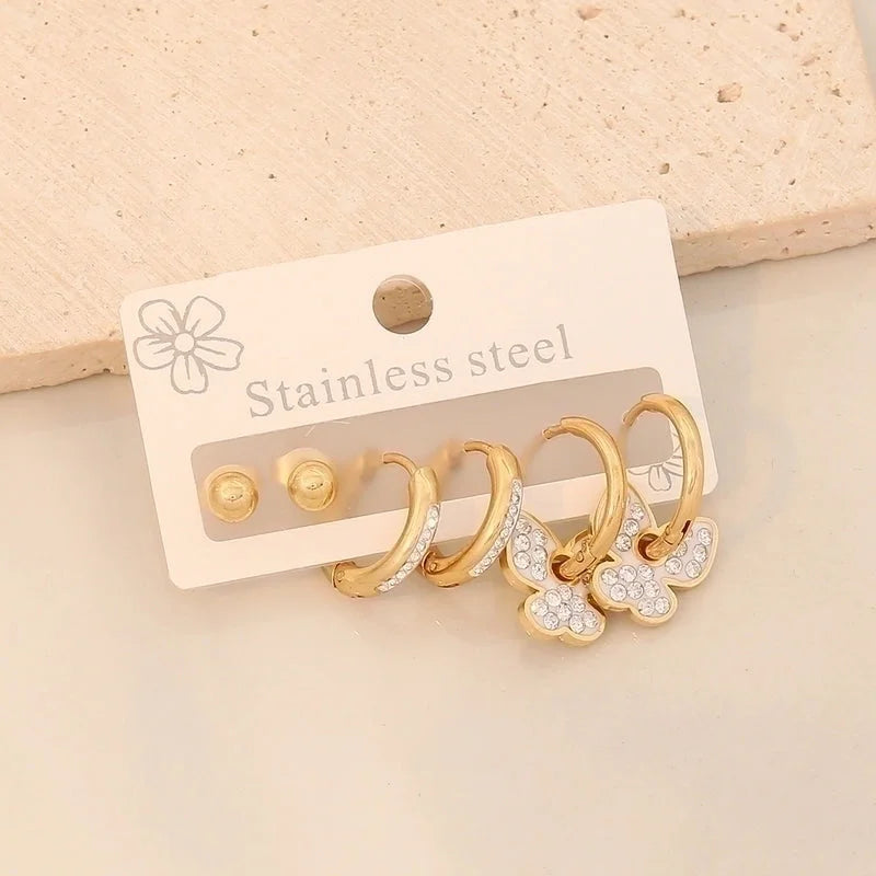 3 Pairs Minimalist Classic Style Heart Shape Butterfly Plating Inlay 304 Stainless Steel Zircon 18K Gold Plated Drop Earrings