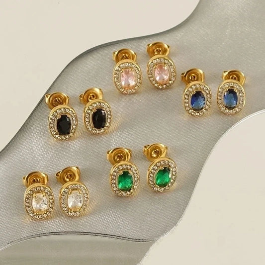 1 Pair Shiny Oval Inlay Stainless Steel Zircon 18K Gold Plated Ear Studs