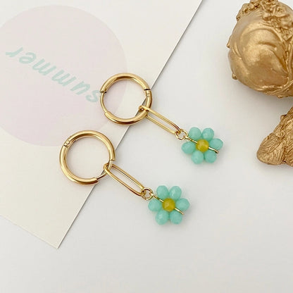 1 Pair Sweet Flower Polishing Crystal Plating 304 Stainless Steel Beaded Crystal Beads 14K Gold Plated Drop Earrings