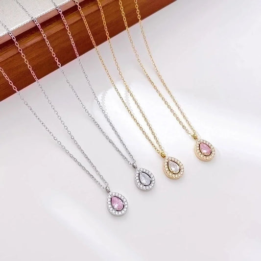 2 Pieces Elegant Minimalist Water Droplets 304 Stainless Steel Zircon White Gold Plated Gold Plated Plating Inlay Pendant Necklace