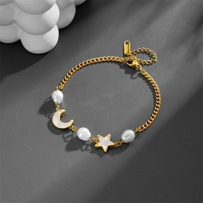 Stainless Steel 18K Gold Plated Casual Minimalist Pearl Inlay Star Moon Shell Bracelets Earrings Necklace