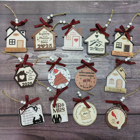 Christmas Cute Letter House Bow Knot Wood Indoor Party Decorations Hanging Ornaments