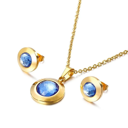 Fashion New Round Personality Crystal Necklace Earrings Gold Set